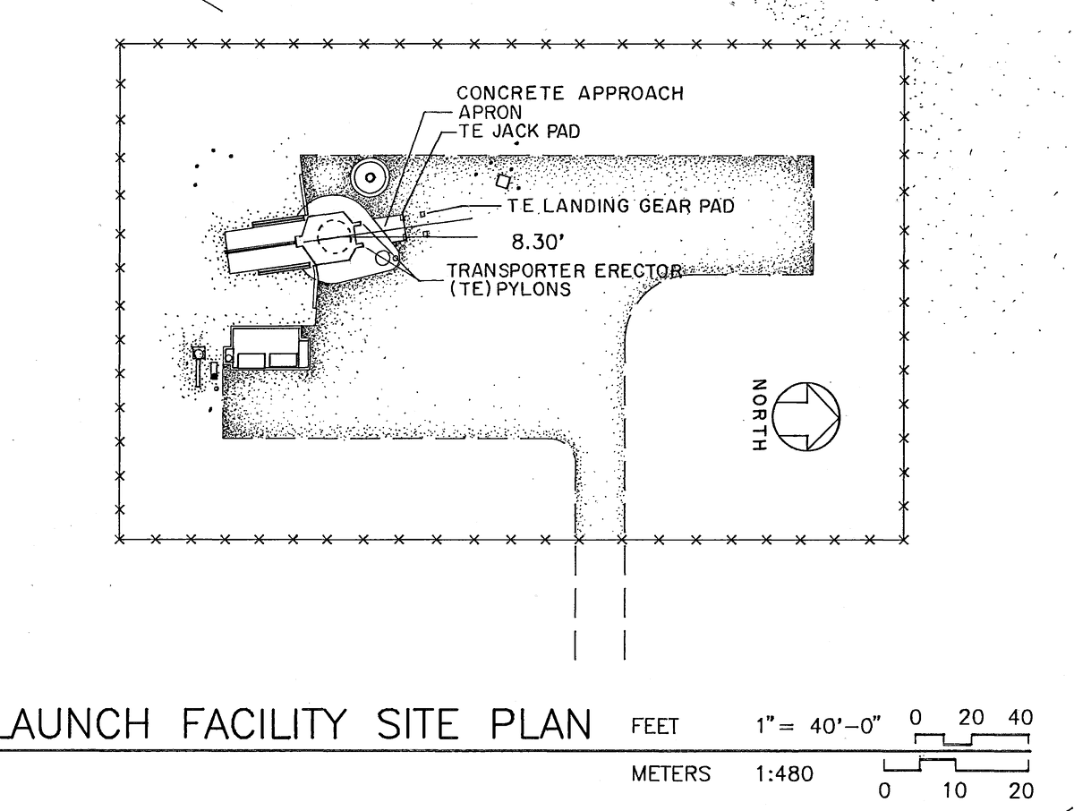 Image 4: HAER SD-50-C sheet 1, Launch Facility Site Plan: the fenced rectangle of the launch facility, the launcher and the launch support building inside it, the access road leaving to the south, and a north arrow