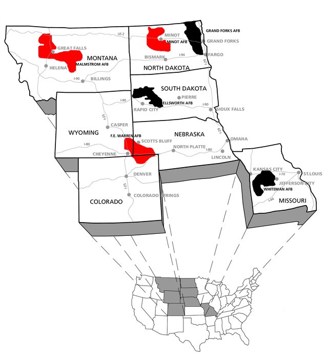 Image 2: National Park Service map of the northern Great Plains states: Minuteman missile fields in red near Malmstrom, Minot and F.E. Warren, and in black near Grand Forks, Ellsworth and Whiteman, with a small map of the United States below