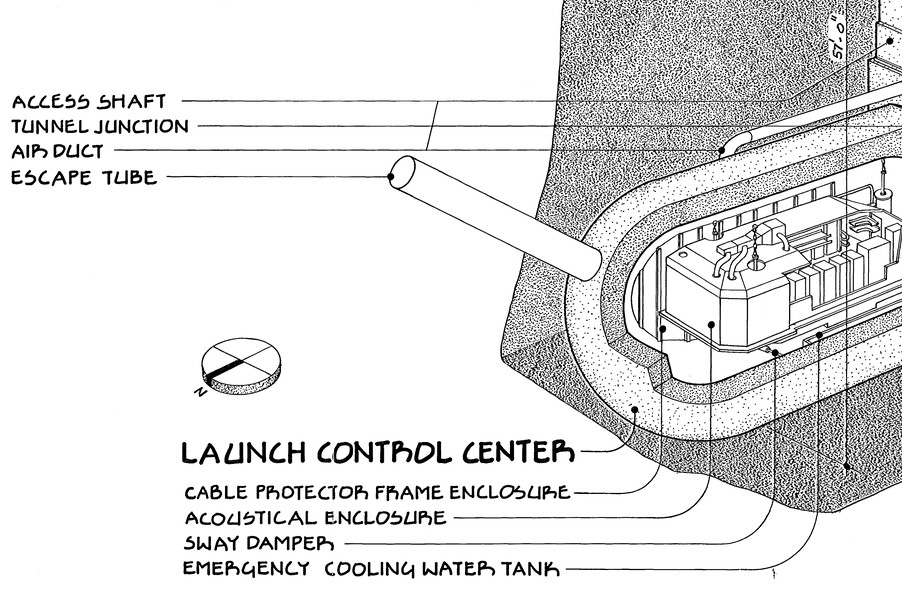 Image 1: Detail of HAER CO-84 sheet 4, Perspective: the launch control center cut away, the escape tube leaving it and the foot of the access shaft above it, with their labels