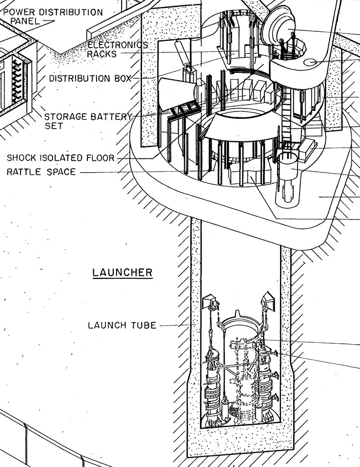 Image 3: Detail of HAER SD-50-C sheet 1, Launch Facility Delta-09 Cut-Away Axonometric: the launcher cut away, its equipment room's floors, and the launch tube below it with the missile suspension system, with their labels